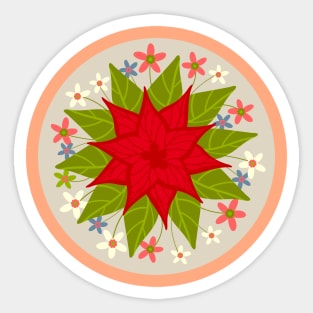 FESTIVE POINSETTIA Floral in Round Medallion Christmas Xmas Winter Holidays - UnBlink Studio by Jackie Tahara Sticker